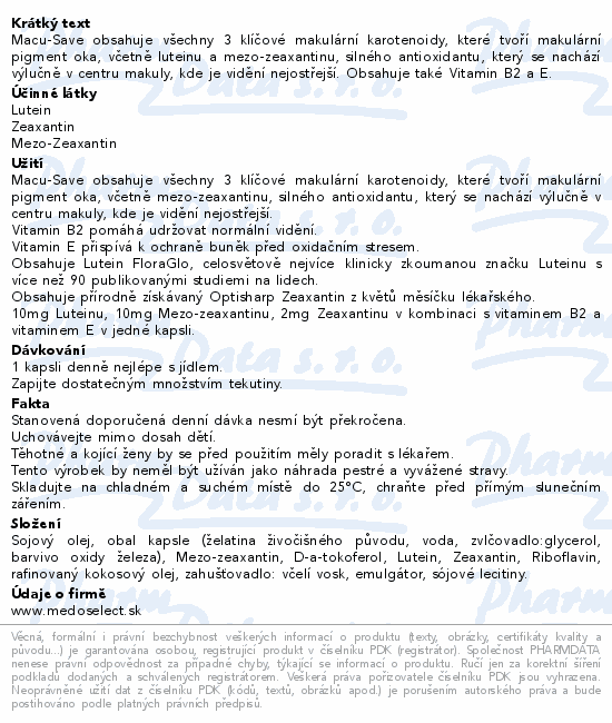 Macu-Save Food Supplement for Eye Health cps.30