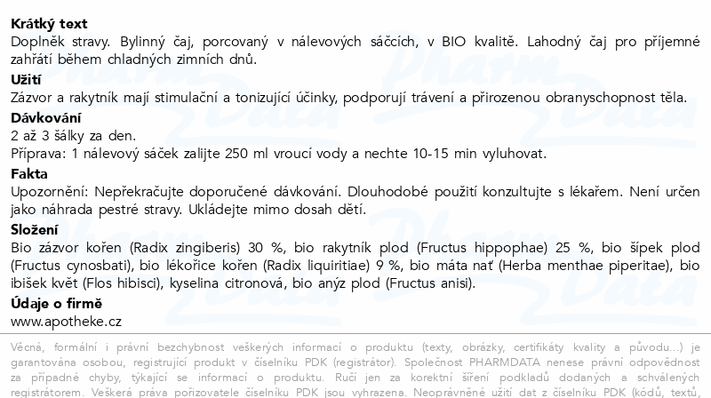 Apotheke BIO Hřejivý zázvor rakytník čaj 20x1.8g