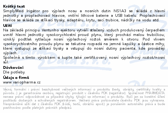 SimplyMed Irigátor pro výplach nosu a dutin NS1A3