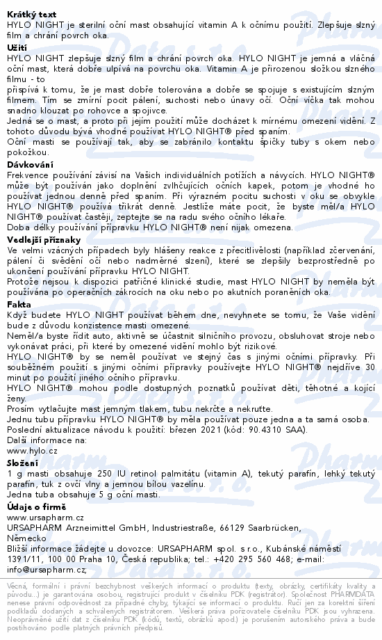 Hylo Night oční mast s vitamínem A 5g